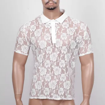 Vyrai Nėriniai Marškiniai Matyti Per Vientisos Spalvos Kostiumas Atvartas Trumpas Rankovės Akies Šalies Klubą Skaidrus SShirts Viršūnės