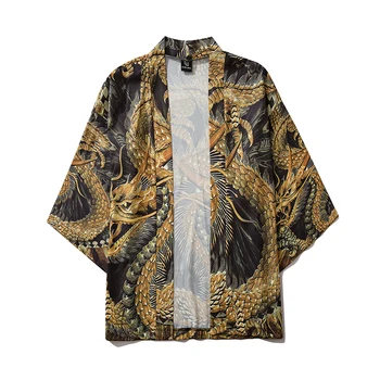 Vyrai vasarą Harajuku Pusė rankovės Kimono Striukės mados Dragon spausdinti Streetwear Prarasti Atsitiktinis Vyrų Megztinis plonas Outwear