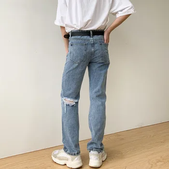 Vyrai Vintage Mados Atsitiktinis Skaldytų Skyle Tiesiai Džinsai Ziajać Vyrų Japonija Korėja Stiliaus Streetwear Hip-Hop Džinsinio Audinio Kelnės Moto Kelnes