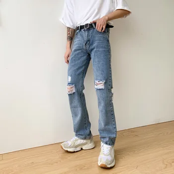 Vyrai Vintage Mados Atsitiktinis Skaldytų Skyle Tiesiai Džinsai Ziajać Vyrų Japonija Korėja Stiliaus Streetwear Hip-Hop Džinsinio Audinio Kelnės Moto Kelnes