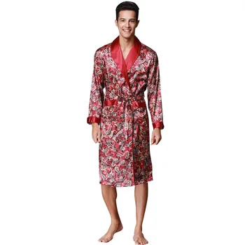 Vyrai Šilko Vasarą ir Rudenį Prabangius Kimono Satino Chalatas Spausdinti Kelio Ilgis ilgomis Rankovėmis Vynas, Vonia, Chalatas, Kambariniai Suknelė Sleepwear