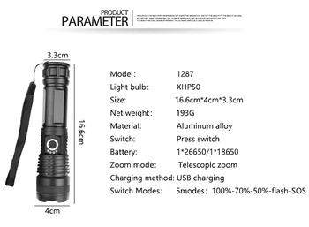 XHP50.2 LED Žibintuvėlis Juodos Šviesos Led žibintuvėlis, avarinis Ultra Ryškūs reguliuojami 5 perjungti Režimus, vandeniui Naudoja 18650 Su USB
