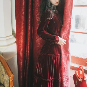 YAMDI derliaus suknelės moterims 2020 prabanga kilimo ir tūpimo tako boho-line pavasario ilgomis rankovėmis šalies aksomo suknelė elegantiškas, kietas vyno raudona vestidos