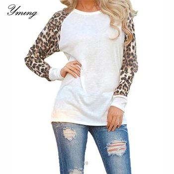YMING Šifono Marškinėliai Moterims Leopardas Spausdinti Mados Ponios Palaidinė Viršūnes ir Palaidinės O Kaklo Tunika Balta Moterų Blusas Moteris Drabužiai