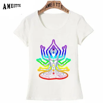 Yo-ga Lotus Mergina Multi Ginklų Chakra Buda Mandala Chakra Galia Centrai, Zen, T-Shirt Vasaros Moterų marškinėliai Topai Cute Girl Tees