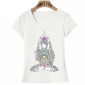 Yo-ga Lotus Mergina Multi Ginklų Chakra Buda Mandala Chakra Galia Centrai, Zen, T-Shirt Vasaros Moterų marškinėliai Topai Cute Girl Tees