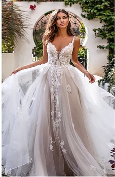 YOUXI Vestuvių Suknelė 3D Gėlės Seksualus Spageti Dirželis Nuotakos Suknelės 2020 Backless Princesė Ilgai Boho Grindų Ilgio Suknelė