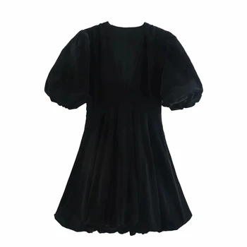 Za 2020 M. Derliaus Juodo Aksomo Mini Suknelė Moterų Mados V Kaklo, Trumpas Sluoksniuotos Rankovėmis Suknelė Moteris Didelės Apimties Hem Mielas, Elegantiškas Suknelės