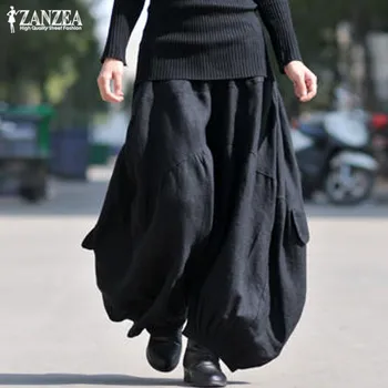 ZANZEA 2021 Moterų Pločio Kojų Kelnės Derliaus Krovinių Žibintų Kelnės Aukštos Elastinga Juosmens Ilgai Pantalon Moterų Lino Kelnės Negabaritinius