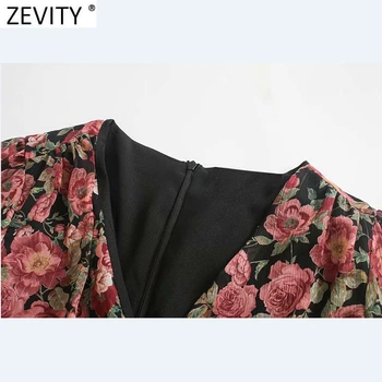 Zevity Naujas 2021 Moterų Vintage V Kaklo Gėlių Spausdinti Dryžuotas Klostuotas Mini Suknelė Moterų Klostyti Sluoksniuotos Rankovėmis Atsitiktinis Slim Vestido DS5030