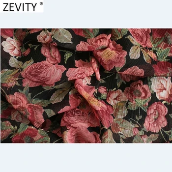 Zevity Naujas 2021 Moterų Vintage V Kaklo Gėlių Spausdinti Dryžuotas Klostuotas Mini Suknelė Moterų Klostyti Sluoksniuotos Rankovėmis Atsitiktinis Slim Vestido DS5030