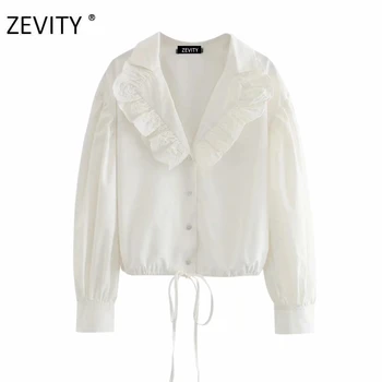 Zevity Naujas moterų mados tuščiaviduriai iš nėrinių kratinys pasukite žemyn apykaklės smock palaidinė office lady sluoksniuotos rankovėmis chic marškinėliai topai LS7156