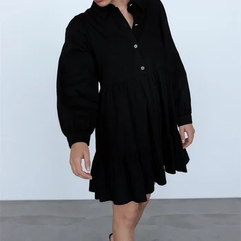 ZXQJ Moterų 2020 M. Elegantiškos Mados Atvartas ilgomis Rankovėmis Sluoksniuotos Džinsinio audinio Suknelė Su bižuterijos Mygtukai Moterų Suknelės Mujer