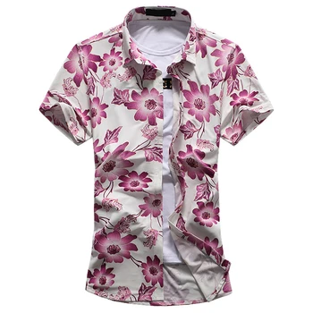 Įdegio Pink Gėlių Modelio Pубашка Trumpas Rankovėmis Spausdinti Marškinėliai Vyrams Vasarą Kokybės Minkštas Patogus Prabangos Camisa Masculina M-7XL