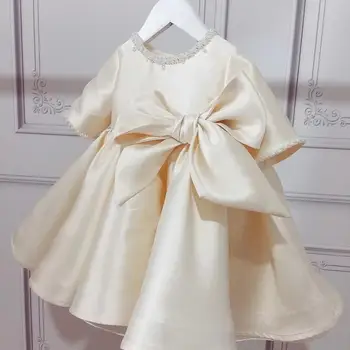 Šampanas Baby Girl Dress 1 metų Gimtadienio Suknelė Karoliukai Nėrinių Krikšto Vestido Infantil Bowknot Princesė Suknelės Vestuves