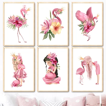 Šiaurės plakatas rausvos karūnos baby girl Flamingo gėlė sienos meno tapybos ir spausdinimo vaikų Darželio Sienos Nuotraukos, vaikų kambario, namo deco