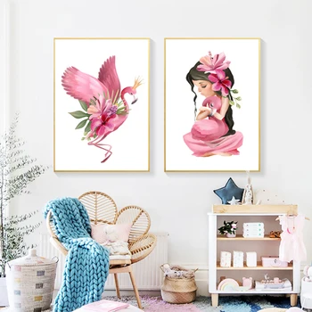 Šiaurės plakatas rausvos karūnos baby girl Flamingo gėlė sienos meno tapybos ir spausdinimo vaikų Darželio Sienos Nuotraukos, vaikų kambario, namo deco