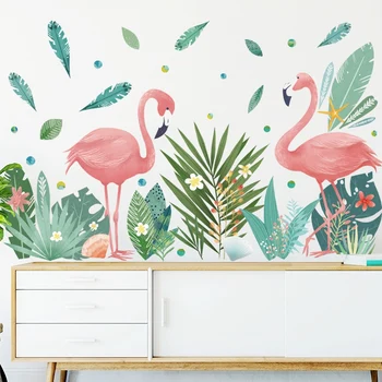 Šiaurės stiliaus Flamingo Pora Sienų Lipdukai gyvenamojo kambario, Miegamojo, Vaikų kambario Sienų Dekoras, žali Lapai Vinilo Sienos Lipdukai Meno Freskomis
