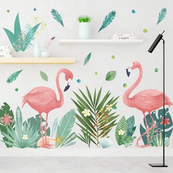 Šiaurės stiliaus Flamingo Pora Sienų Lipdukai gyvenamojo kambario, Miegamojo, Vaikų kambario Sienų Dekoras, žali Lapai Vinilo Sienos Lipdukai Meno Freskomis