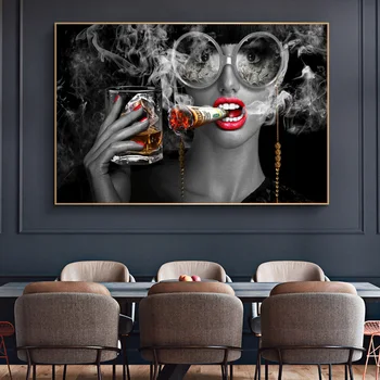 Šiuolaikinės Abstrakčios Drobės Tapybos Menas Mados Mergaitė Deginimas Pinigų Rūkyti Su Stiklo Plakatas Ir Spausdinimo Sienos Nuotrauka Namų Puošybai