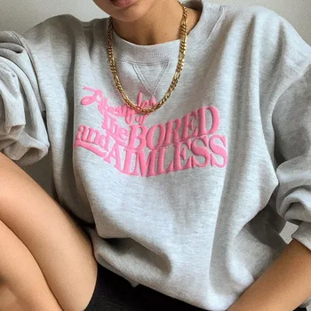 Šviesiai Pilka spalva Rožinė Raidėmis Spausdinimo Negabaritinių Marškinėlius Moterims, O-kaklo Šiltos Žiemos Viršūnes Naujas Prekės ženklas Dizainerio Merginos Atsitiktinis Streetwear