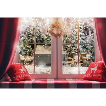 Žiemos Kalėdų Langą Fotografijos Fonas Raudonas Linksmų Kalėdų Sniego Fone fotostudija Užuolaidų Žvakė Sniego Kraštovaizdžio