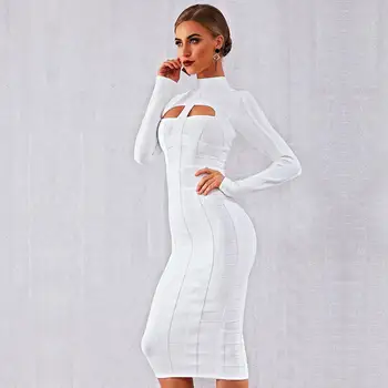 Žiemą, Rudenį Moterys Elegantiškas Įžymybė Šalies Bodycon Tvarstis Suknelė Balta Ilgomis Rankovėmis, O-Kaklo Tuščiaviduriai Iš Seksualių Naktinių Vestidos